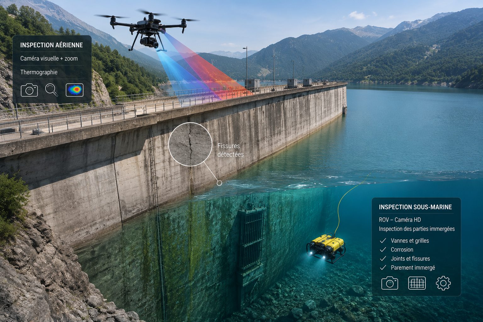 Illustration — exemple de rapport d'expertise d'inspection de barrage, aérien, thermique et sous-marin